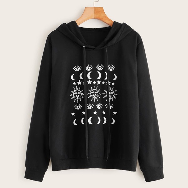 

Graphic Print Drawstring Hooded Sweatshirt, Black