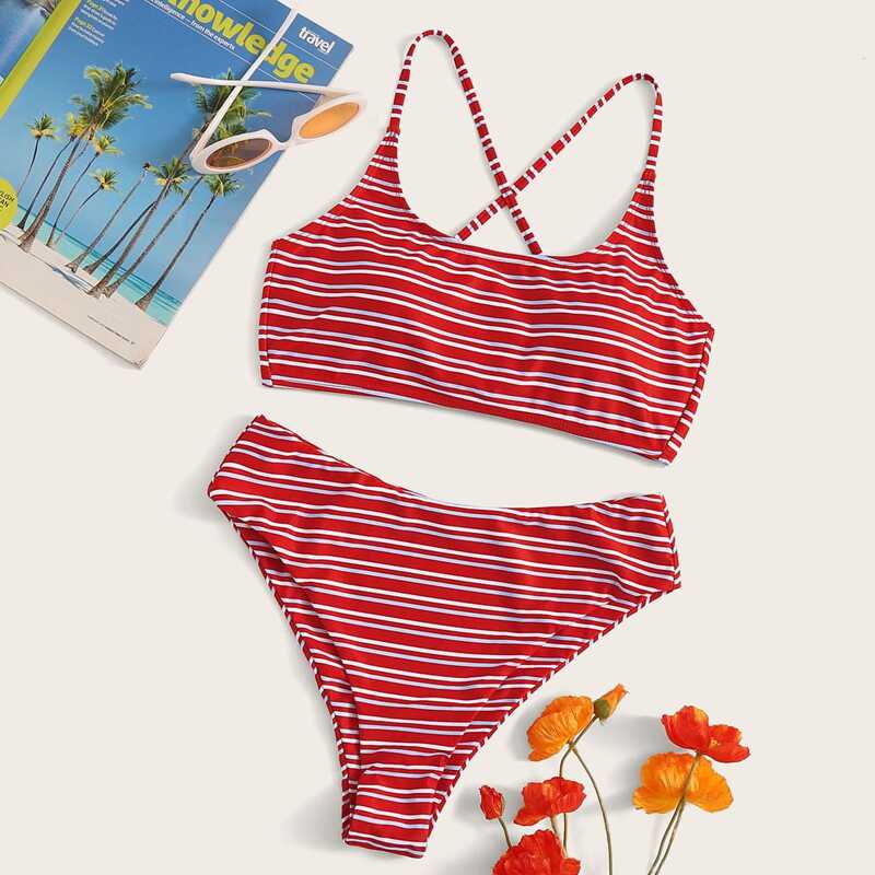 

Striped Lace Up Back Bikini Set, Red