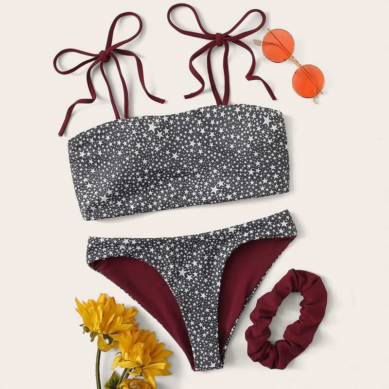 

Star Print Tie Shoulder Bikini Set With Hair Ring, Grey