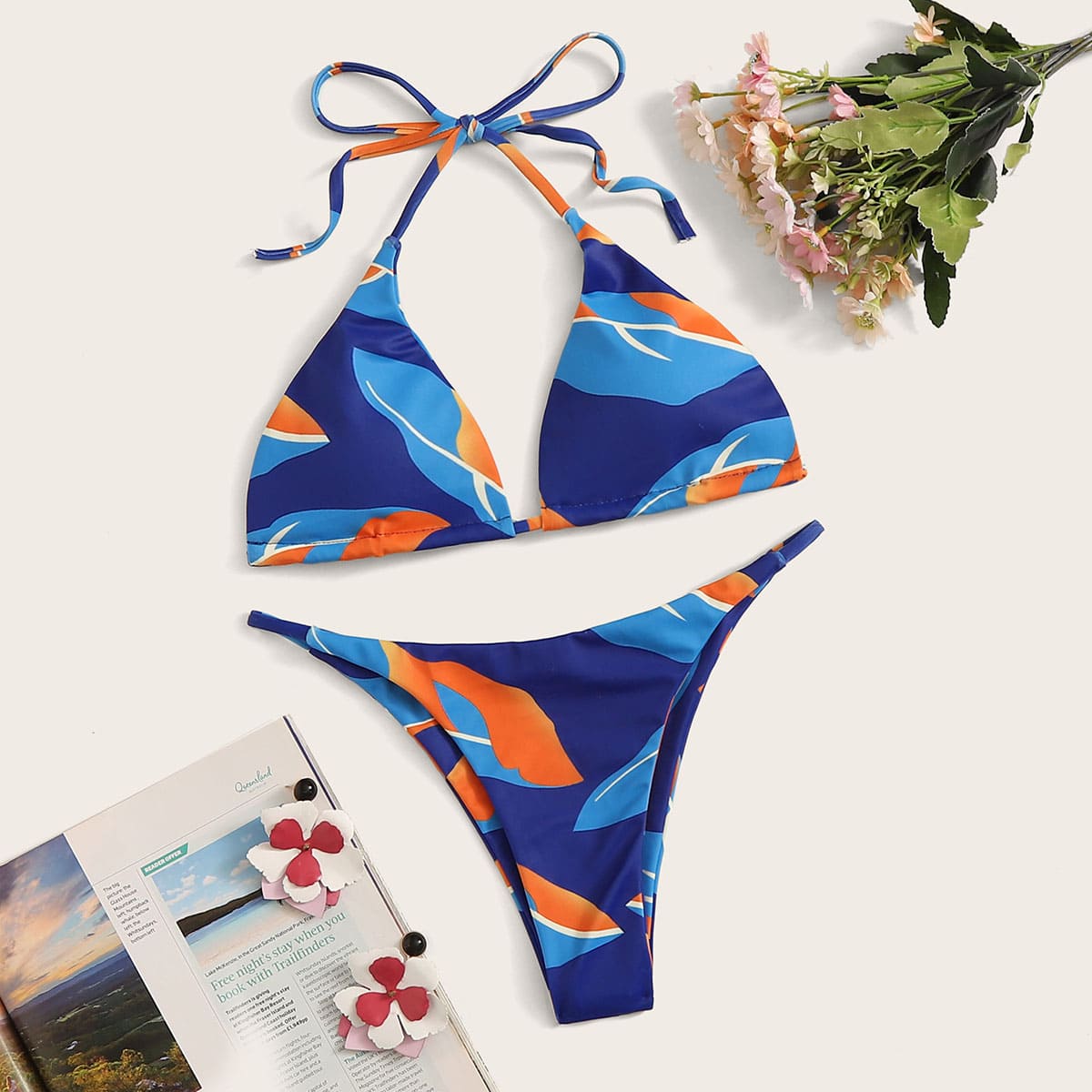 

Triangle Halter Top With Tanga Bikini Set, Multicolor