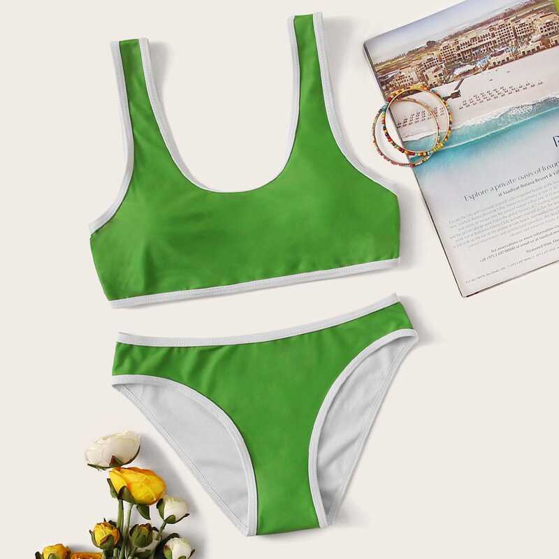 

Contrast Binding Bikini Set, Green