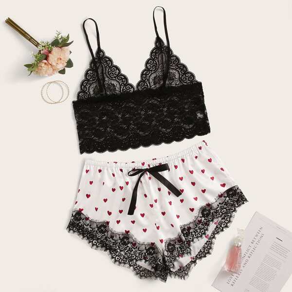 

Plus Floral Lace Cami Top With Heart Print Shorts, Multicolor