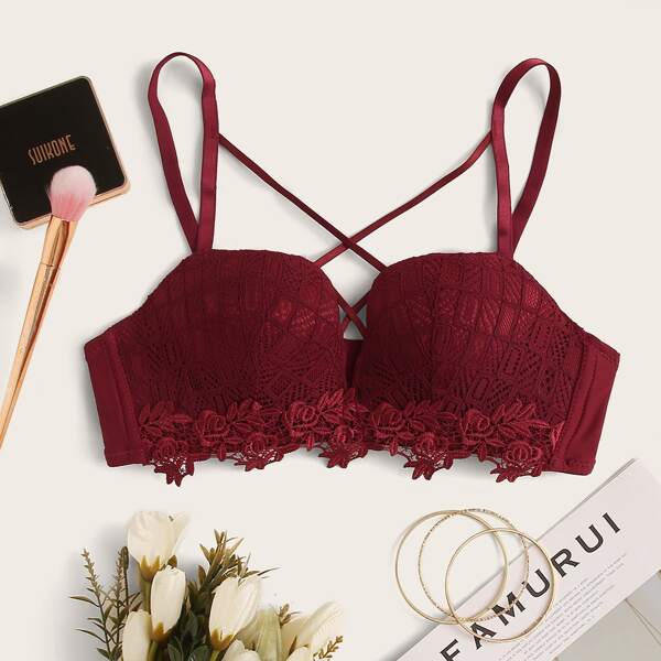 

Guipure Lace Criss Cross Bra, Burgundy