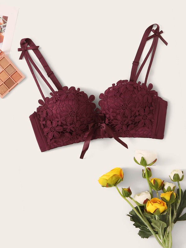 

Detachable Strap Guipure Lace Bra, Burgundy