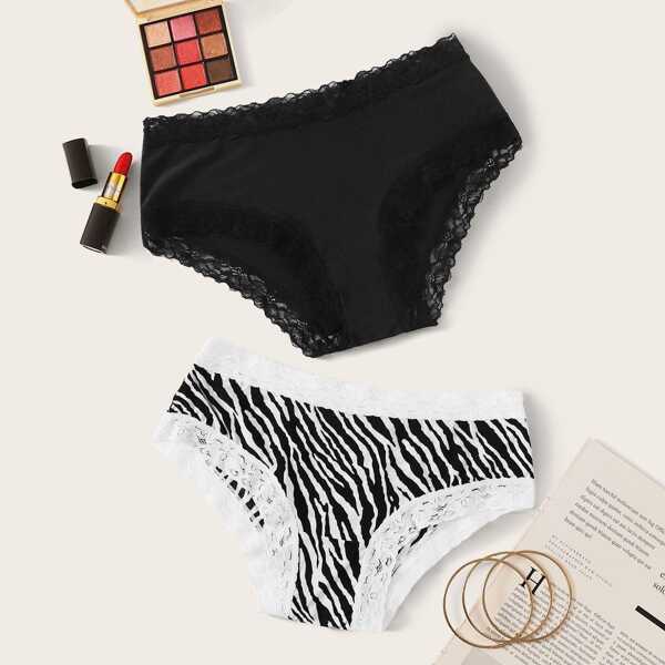 

2pack Zebra Striped Lace Trim Panty Set, Black and white