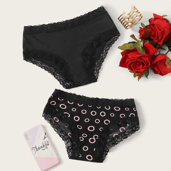 

2pack Geometric Lace Trim Panty Set, Black
