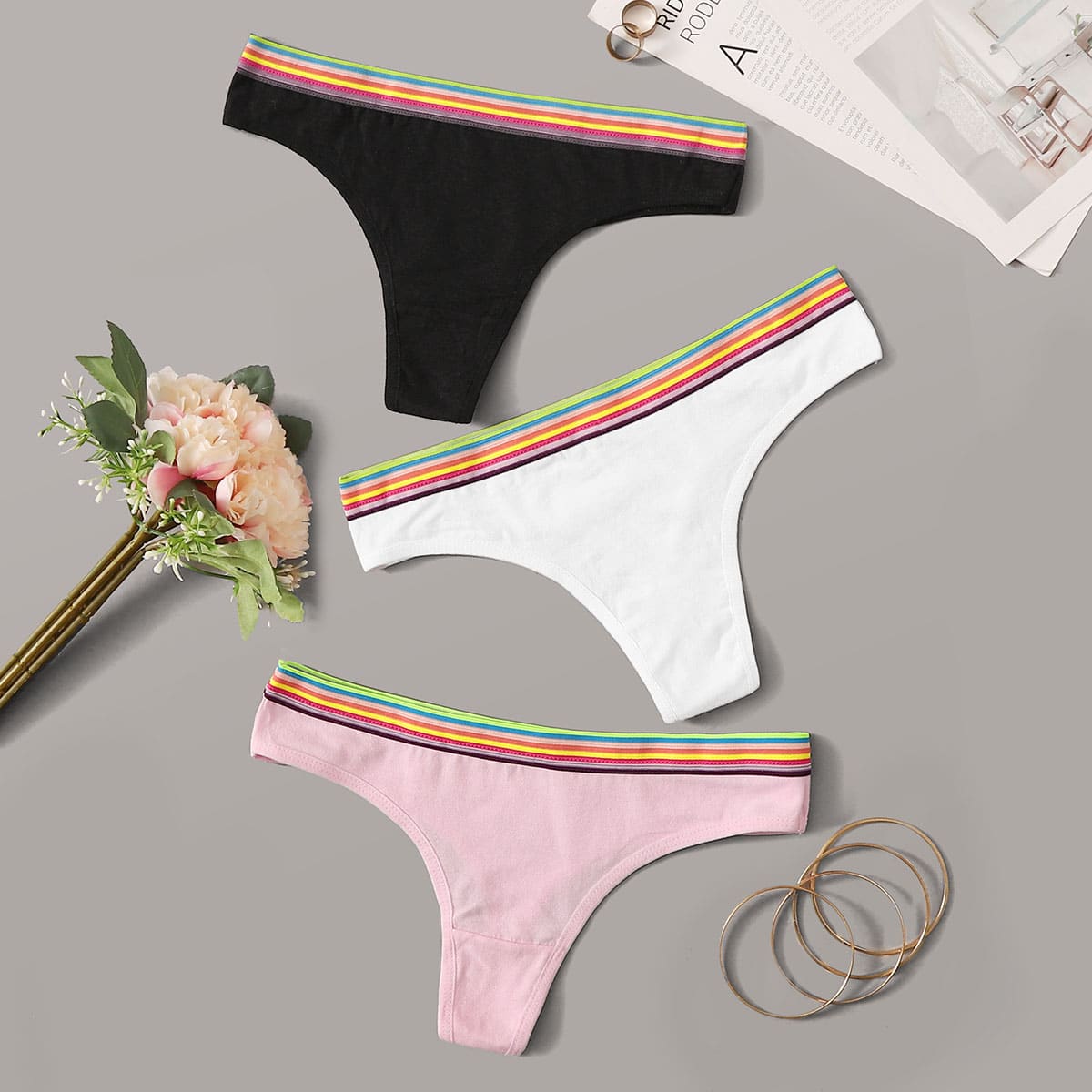 

3pack Striped Hem Panty Set, Multicolor