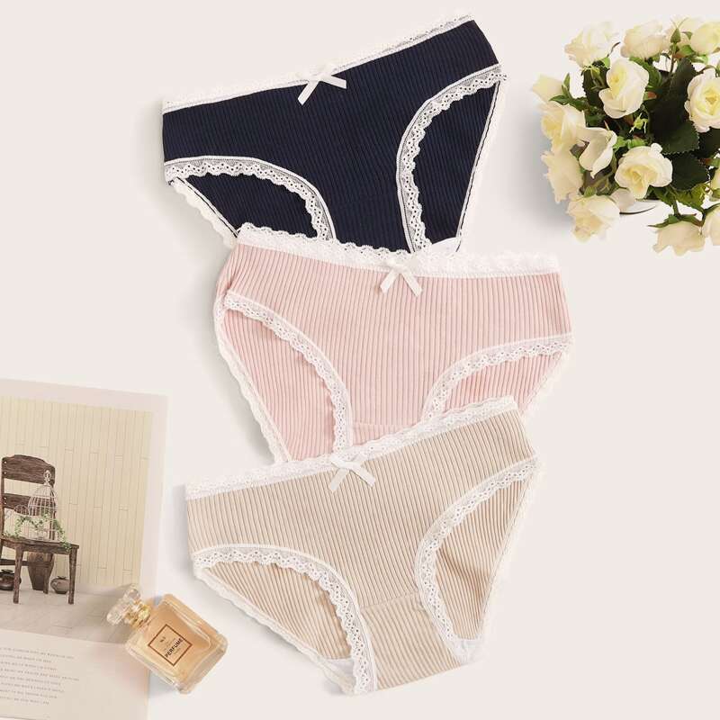 

3pack Rib Lace Trim Panty Set, Multicolor