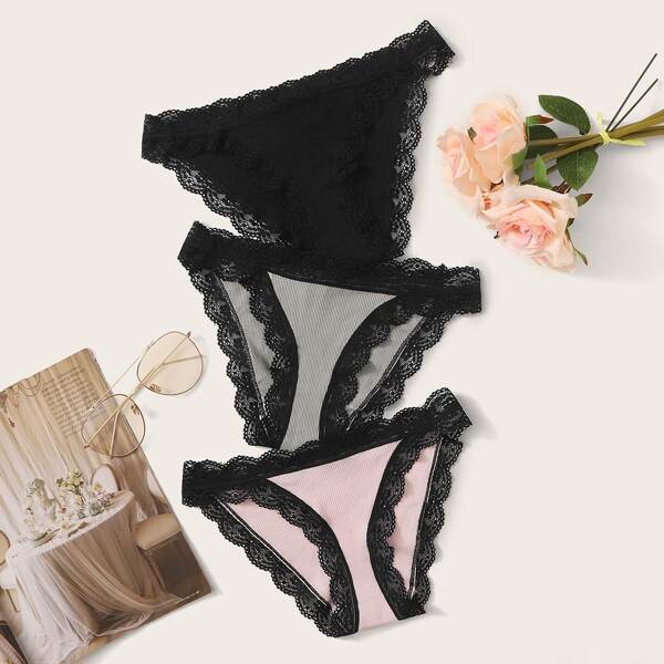 

3pack Rib Contrast Lace Panty Set