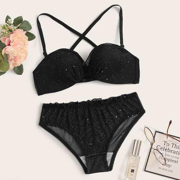 

Criss Cross Sheer Mesh Lingerie Set, Black