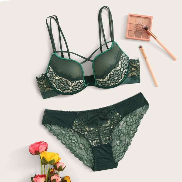 

Floral Lace Underwire Lingerie Set, Green