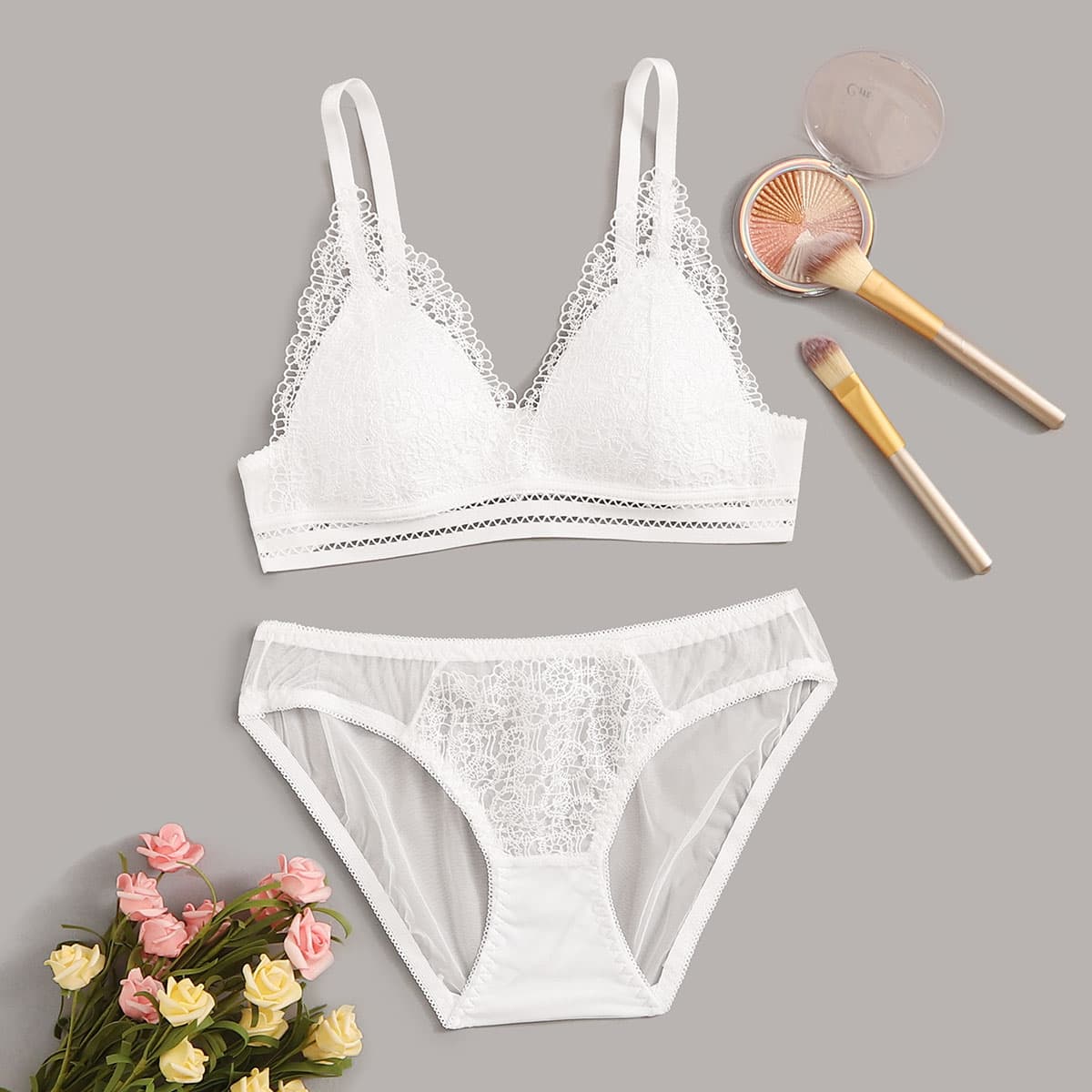 

Floral Lace Lingerie Set, White