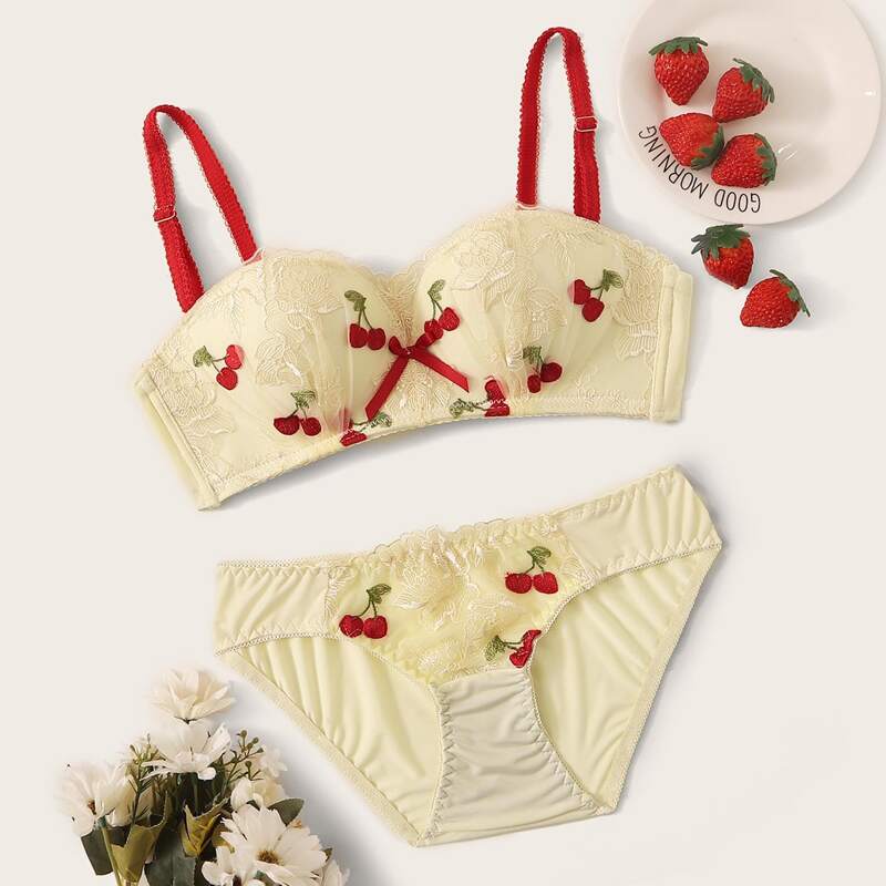 

Cherry Embroidery Contrast Mesh Lingerie Set, Beige