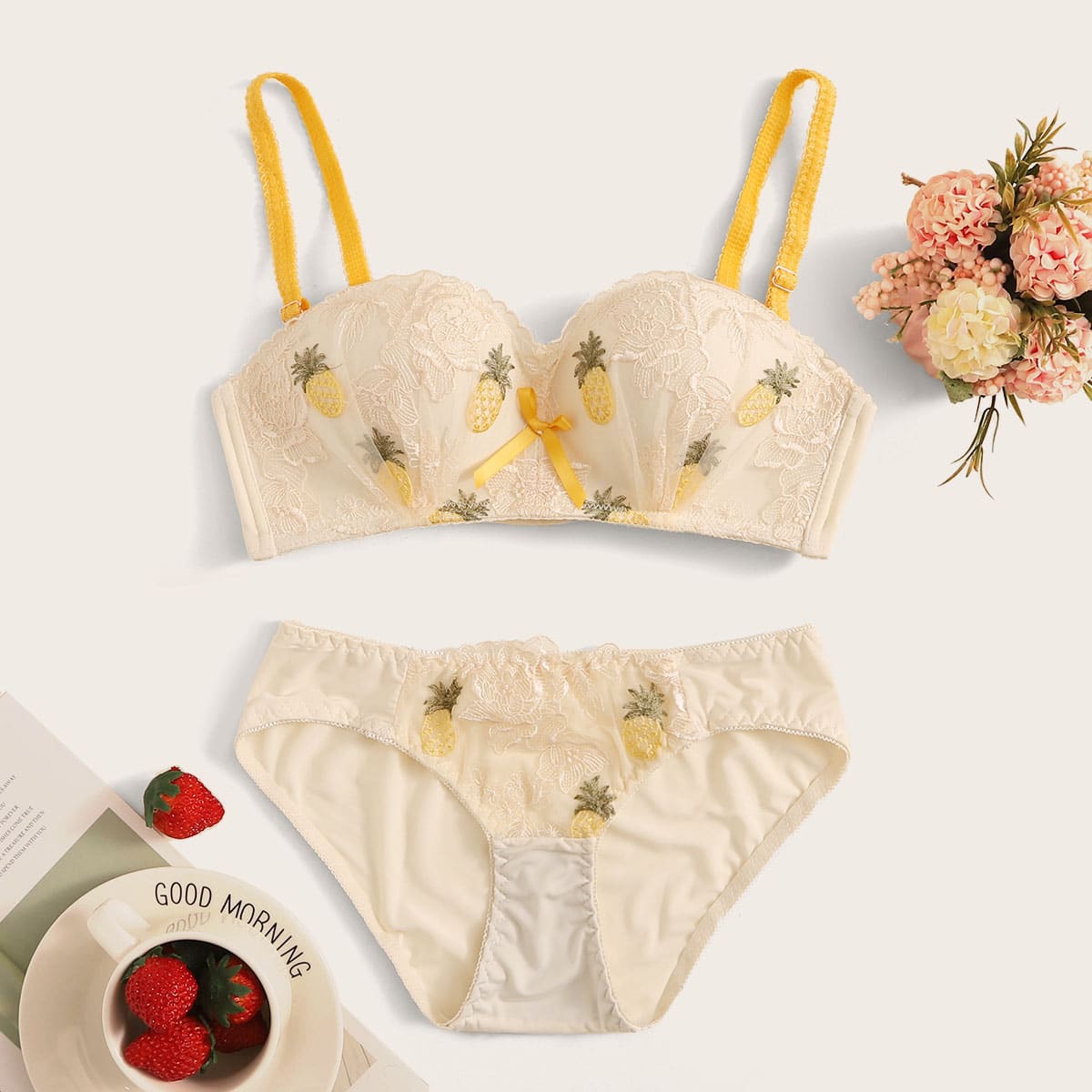 

Pineapple Embroidery Contrast Mesh Lingerie Set, Beige