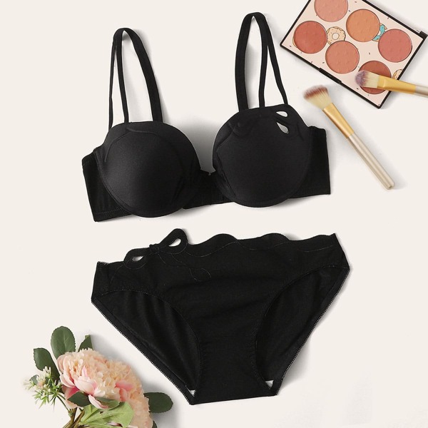 

Solid Underwire Lingerie Set, Black