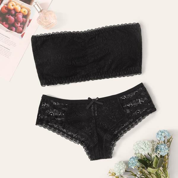

Floral Lace Criss Cross Bandeau Lingerie Set, Black