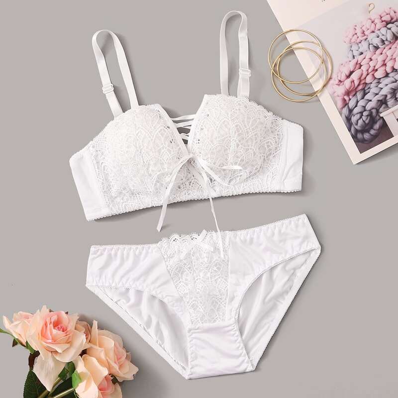 

Floral Lace Lace Up Underwire Lingerie Set, White