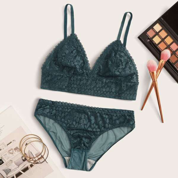 

Floral Lace Lingerie Set, Green