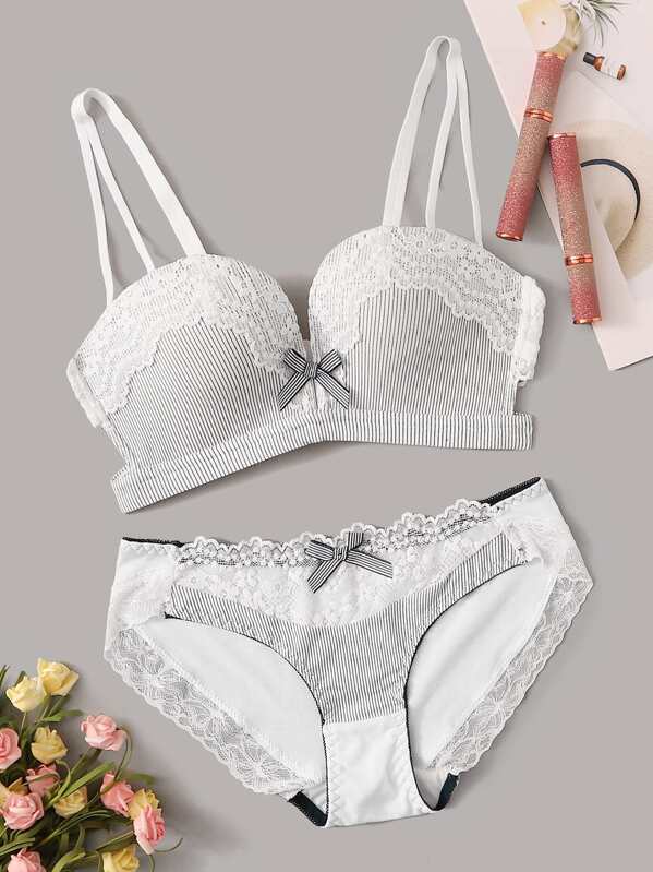

Striped Contrast Lace Lingerie Set, Black and white