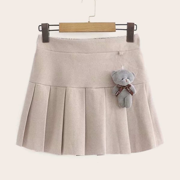 

Elastic Waist Pleated Skirt & Bear Doll Pendant, Khaki