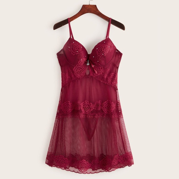

Floral Lace Sheer Slips With Thong