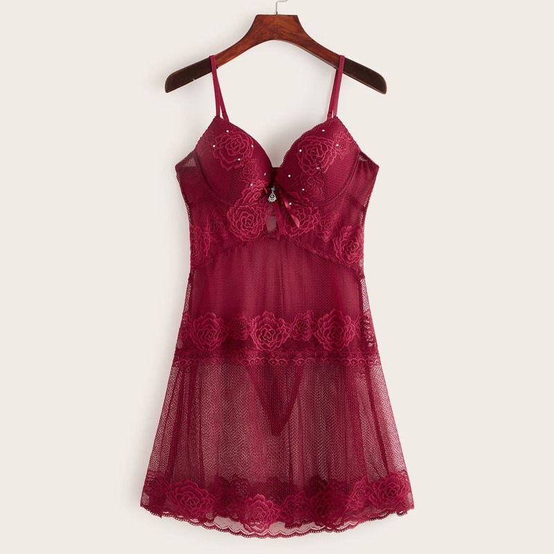 

Floral Lace Sheer Slips With Thong, Burgundy