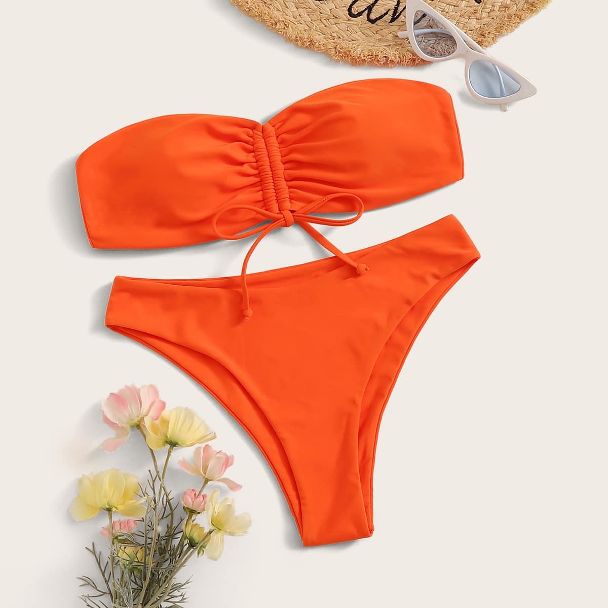 

Drawstring Bandeau With High Cut Bikini Set, Orange bright