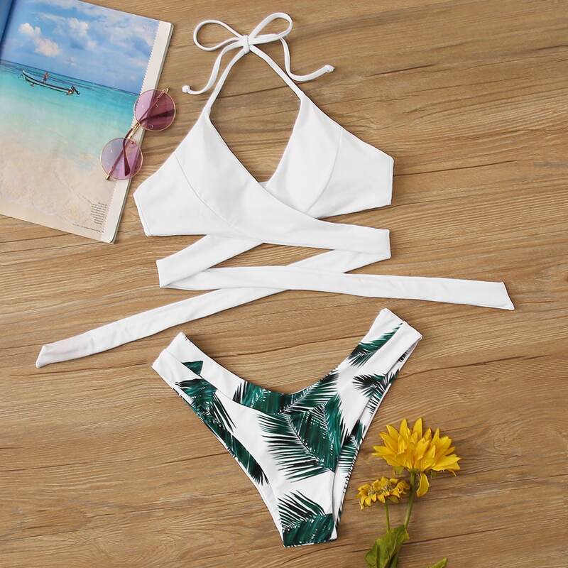 

Wrap Halter Top With Palm Print Bikini Set, Multicolor