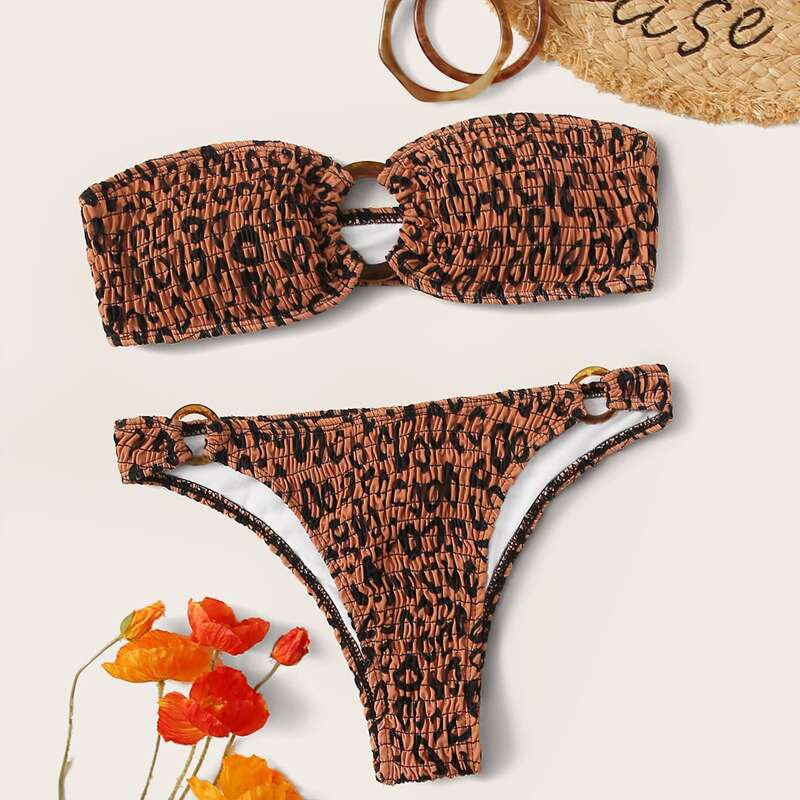 

Leopard Smocked Ring Link Bikini Swimsuit, Multicolor