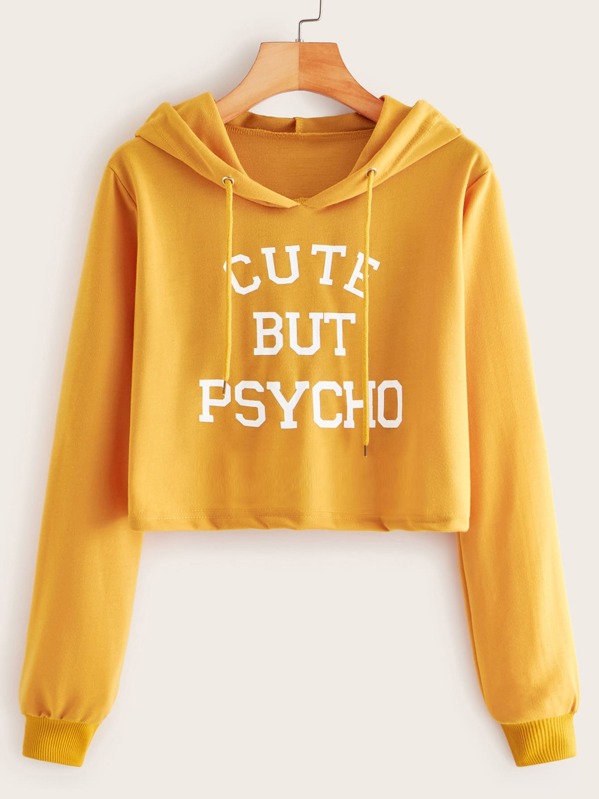 

Letter Print Drawstring Crop Hoodie, Yellow