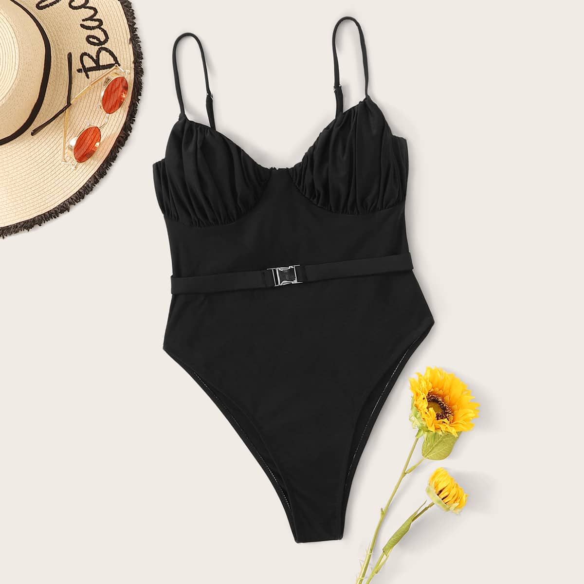 

Ruched Bust One Piece Swimsuit With Belt, Black
