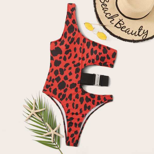

Leopard Cut Out One Shoulder One Piece Swimsuit, Multicolor
