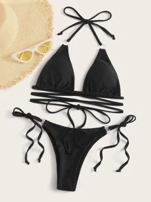 SHEIN Swim Costume Da Bagno Estivo Con Lacci Lateralie Bottoni Tridente Incrociati Sul Retro