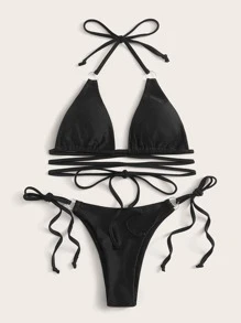 SHEIN Swim Costume Da Bagno Estivo Con Lacci Lateralie Bottoni Tridente Incrociati Sul Retro
