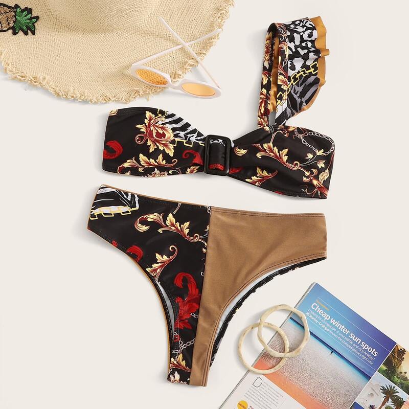 

Chain & Leaf Print One Shoulder Bikini Swimsuit, Multicolor