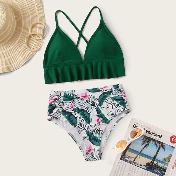 

Ruffle Hem Criss Cross Top With Tropical Bikini
