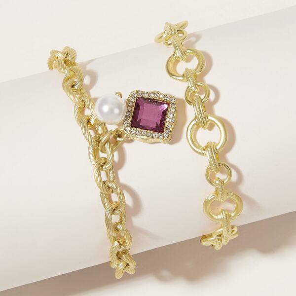 

2pcs Textured Gemstone & Pearl Charm Bracelet, Gold