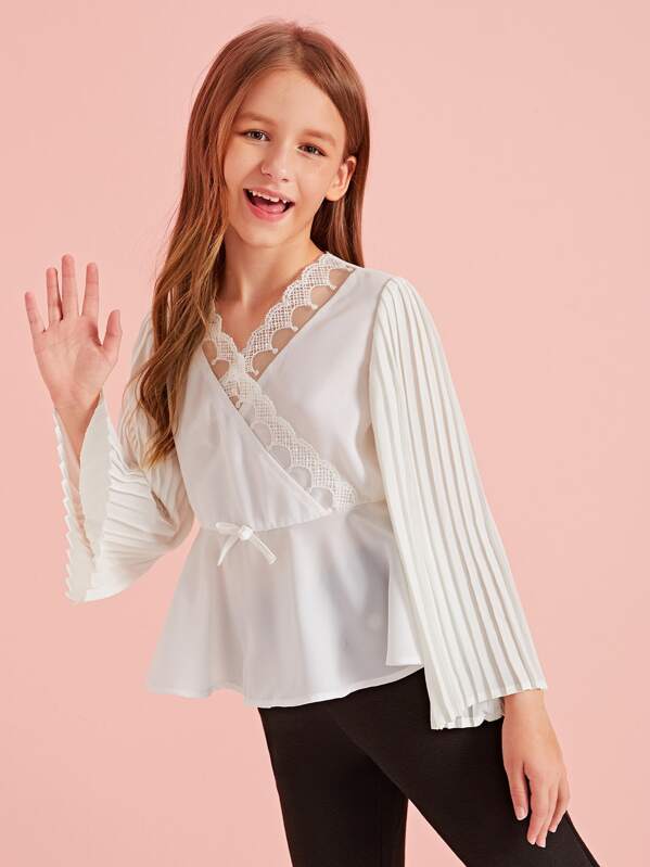 

Girls Embroidered Mesh Trim Pleated Bell Sleeve Peplum Top, White, Sashab