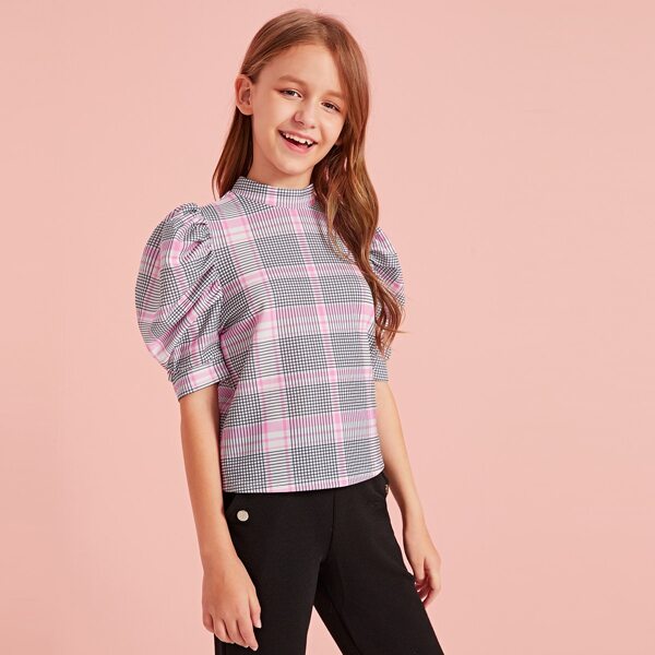 

Girls Mock-Neck Puff Sleeve Plaid Top, Multicolor