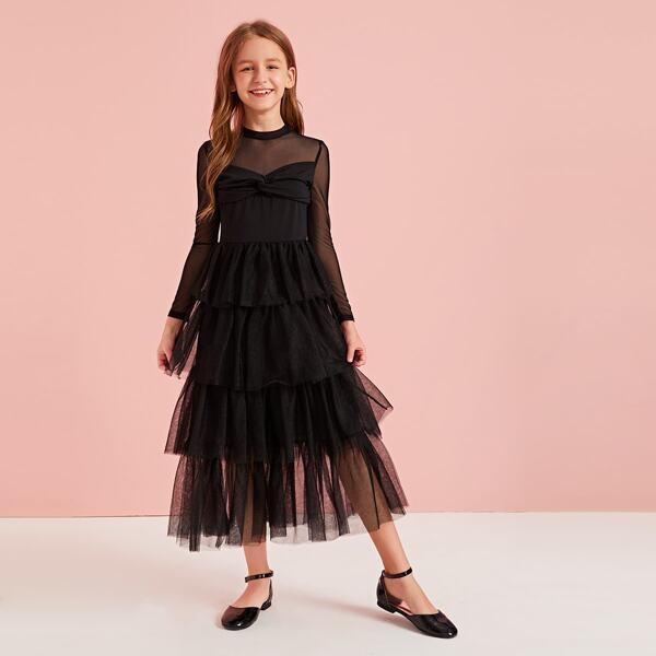 

Girls Twist Bow Front Mesh Sweetheart Layered Dress, Black