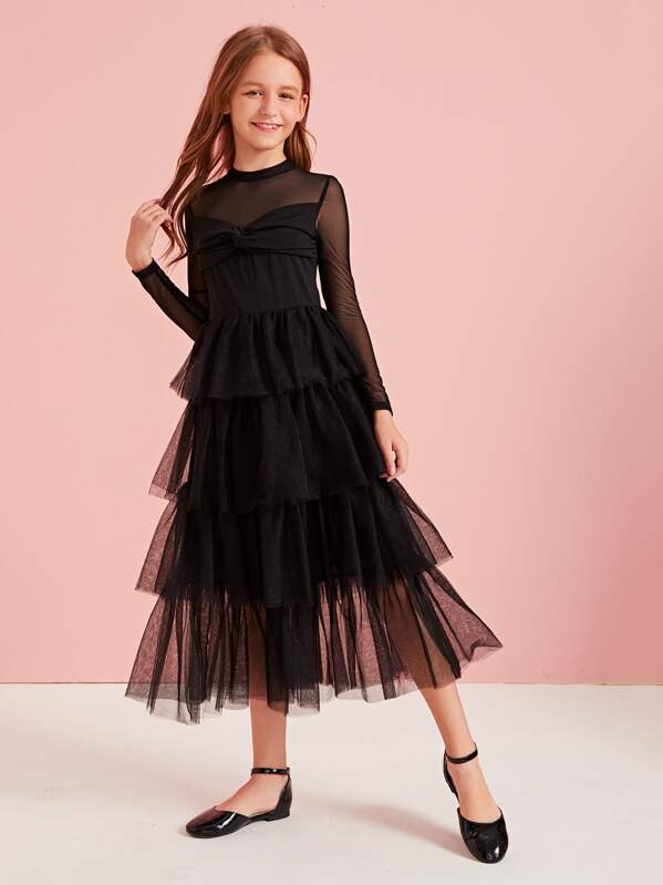 

Girls Twist Bow Front Mesh Sweetheart Layered Dress, Black, Sashab