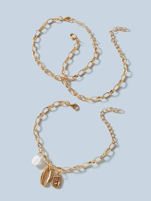 

3pcs Shell Charm Chain Bracelet Set, Gold