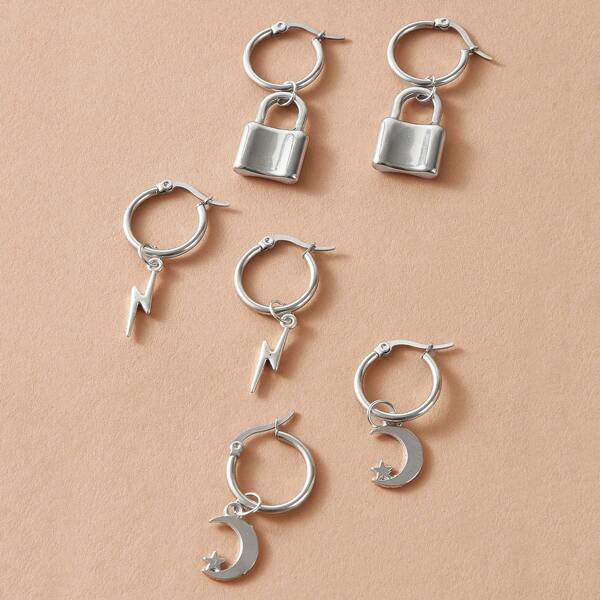 

3pairs Lock & Moon Drop Earrings, Silver