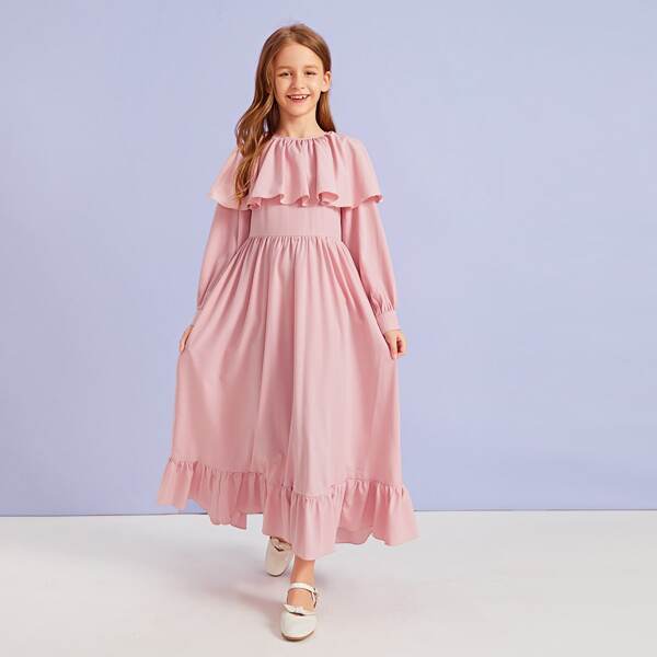 

Girls Zipper Back Ruffle Detail Flare Dress, Baby pink