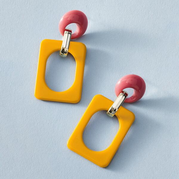 

1pair Two Tone Open Rectangle Drop Earrings, Multicolor