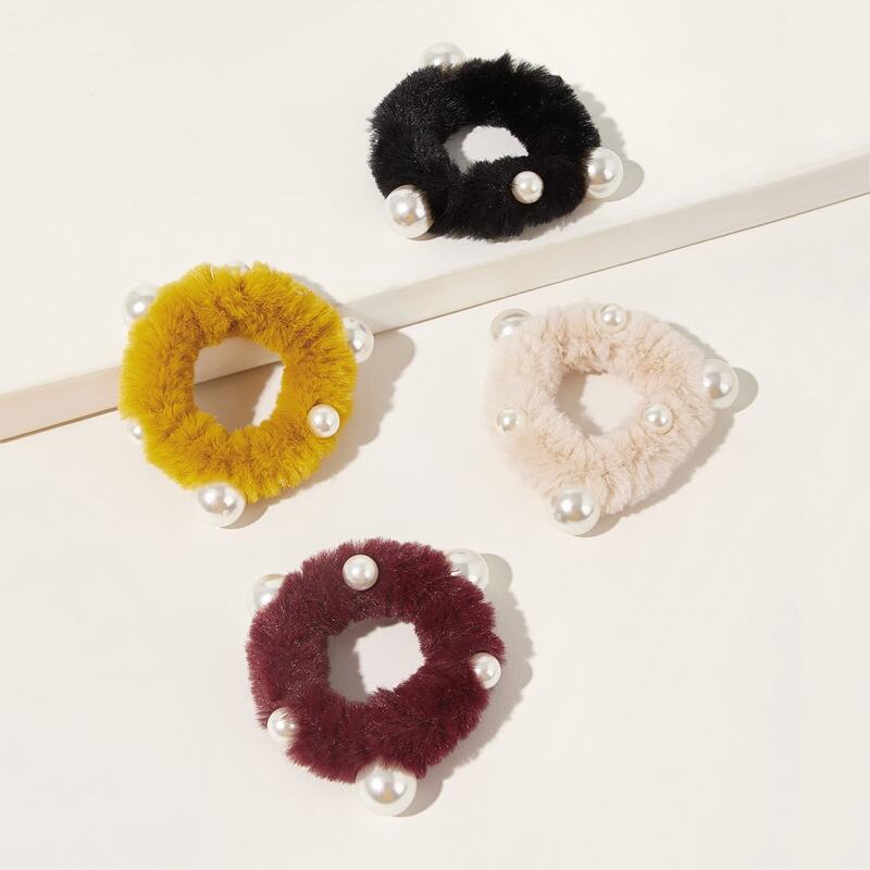 

4pcs Faux Pearl Decor Fluffy Scrunchies, Multicolor