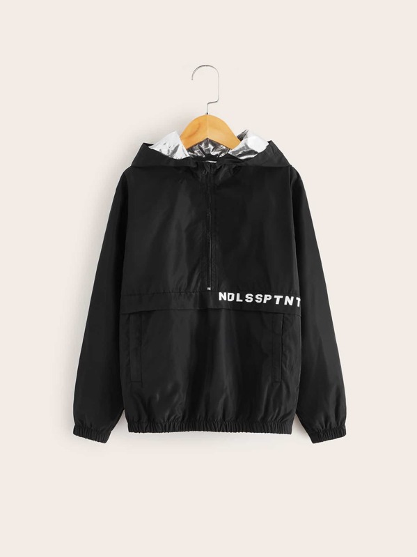 

Boys Letter Graphic Half Zipper Front Wind Hoodie, Black