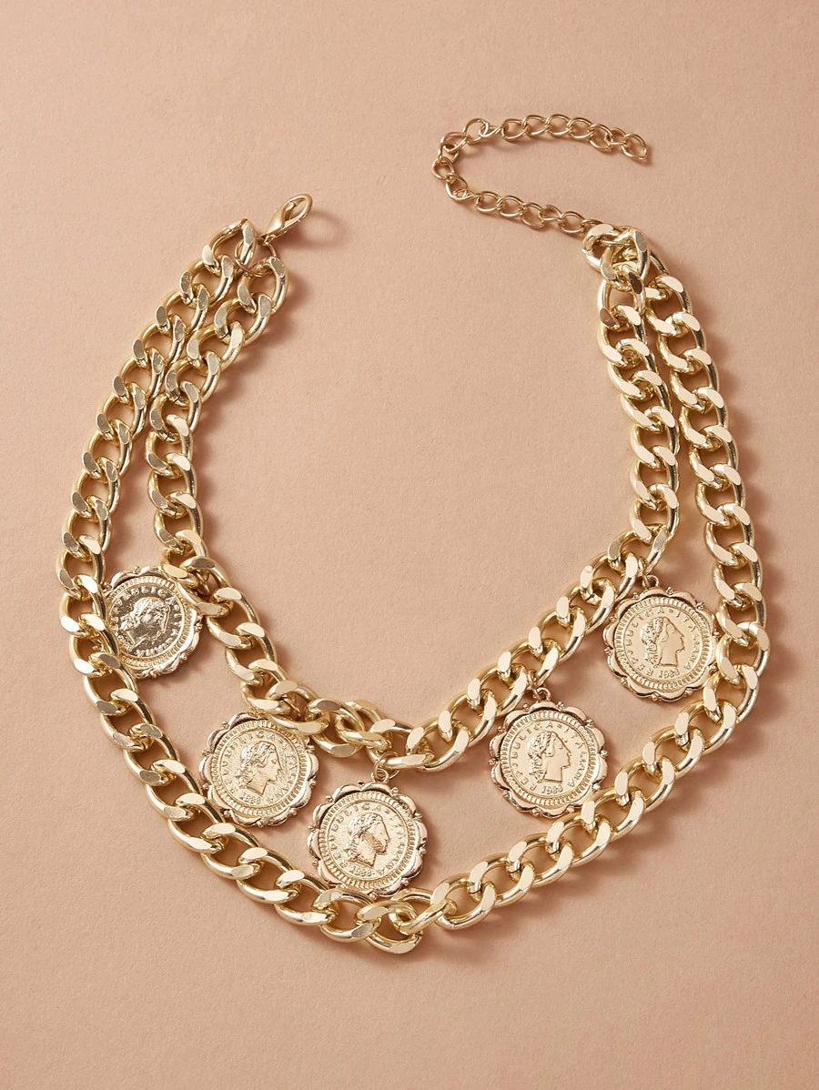 1pc Republica Italiana Coin Charm Layered Chain Necklace - Yellow Gold - View 1