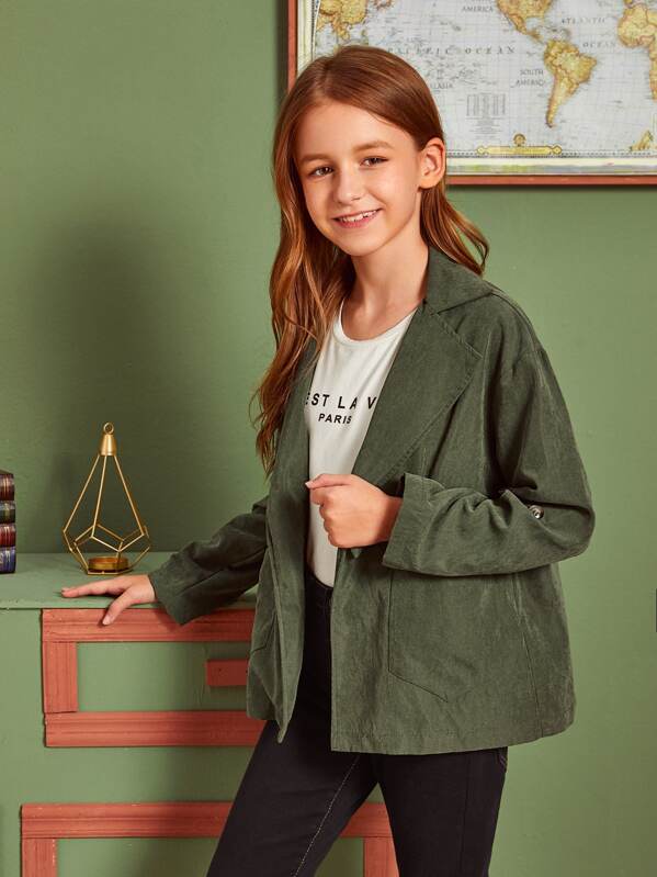 

Girls Drawstring Waist Pocket Front Coat, Army green, Sashab