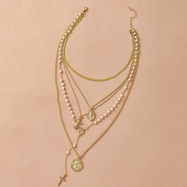 

1pc Coin & Cross Charm Layered Necklace, Gold